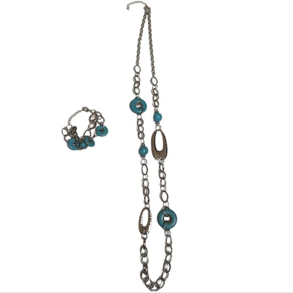 Unbranded Jewelry - Long Silver Tone Chain Faux Turquoise Hammered Metal Necklace Bracelet Set
